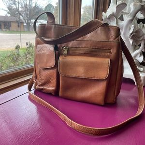 Hobo International Handbag Brown Leather 6 Pocket Crossbody Purse Double Strap